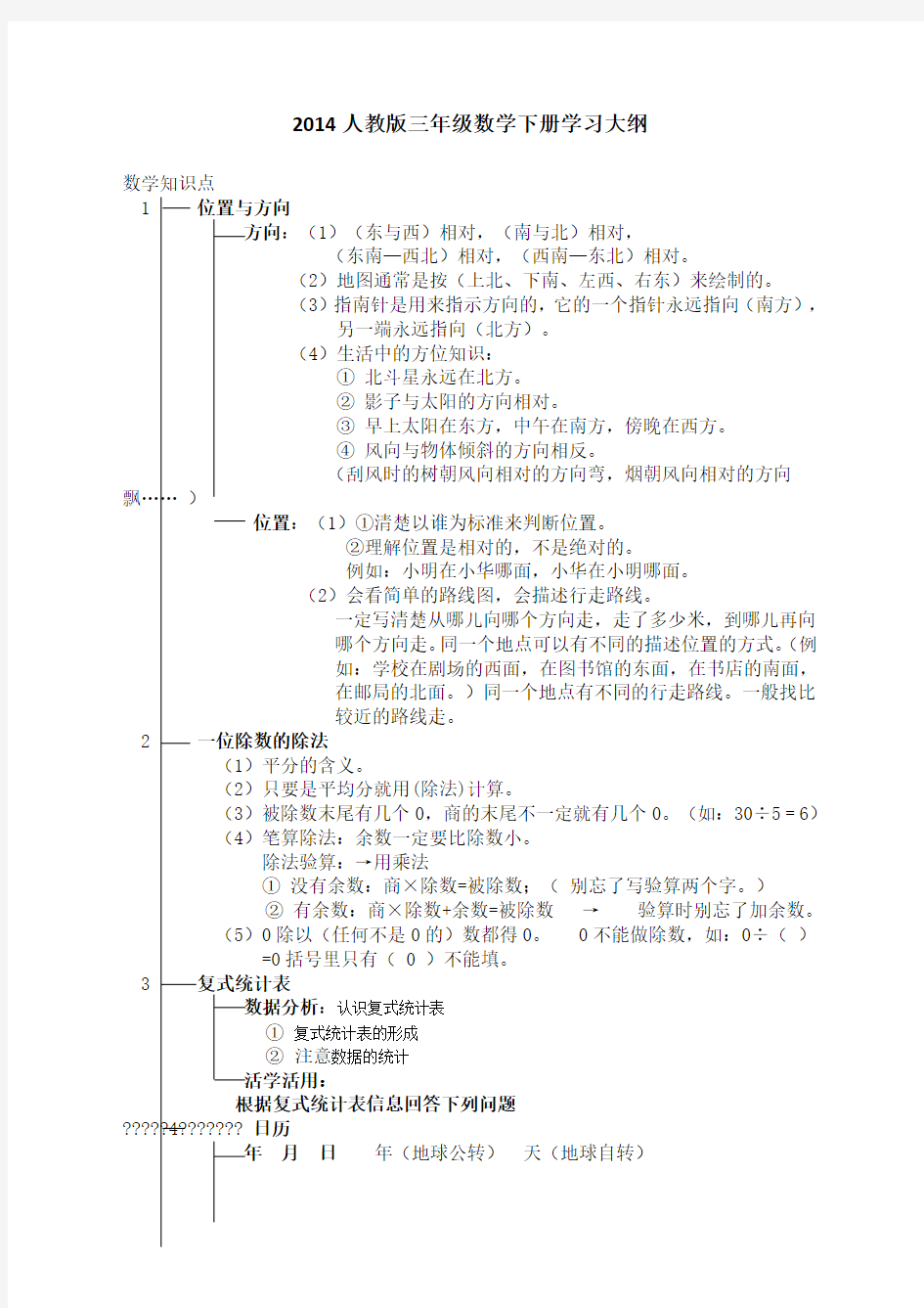 人教版三级数学下册学习大纲