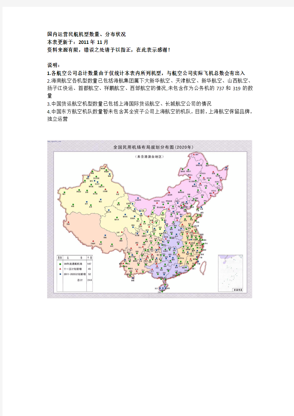 国内运营民航机型数量及分布