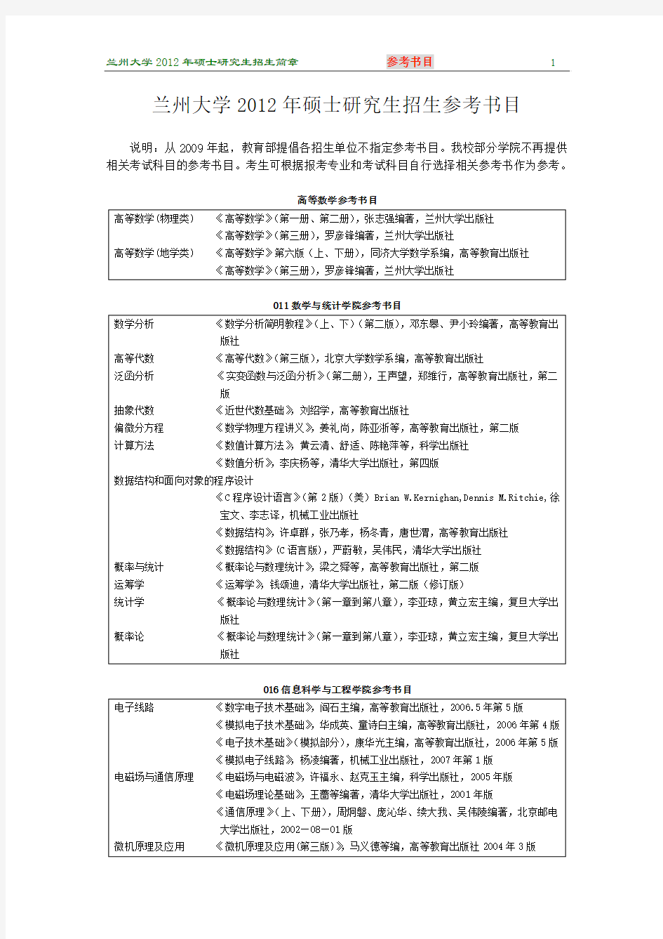 兰州大学考研各专业参考书目