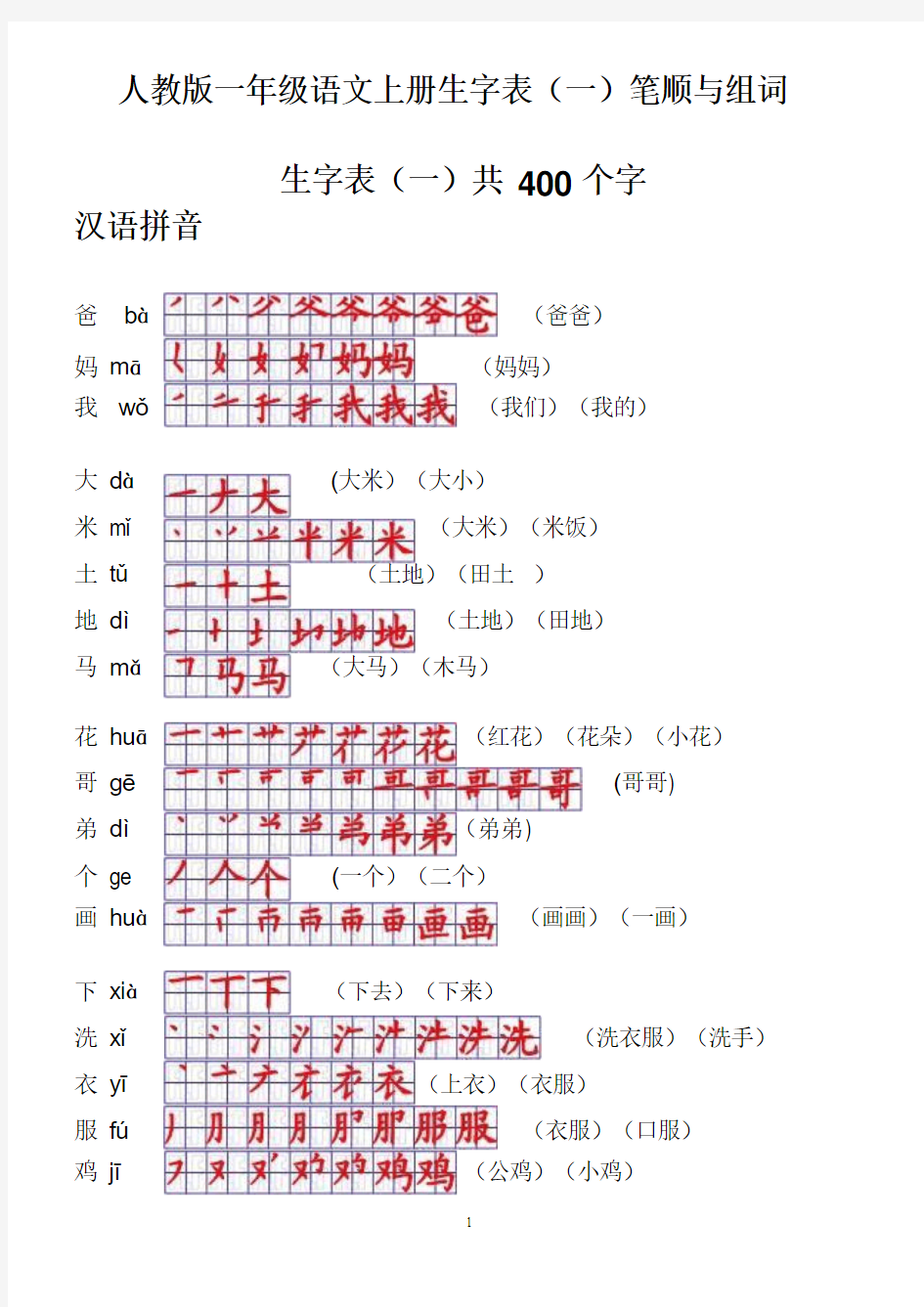 (最新)一年级语文上册(生字表一)笔顺表及组词(Word)格式