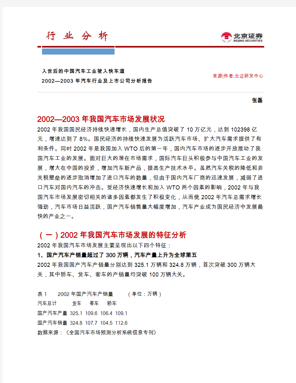 2002—2003年汽车行业及上市公司分析报告