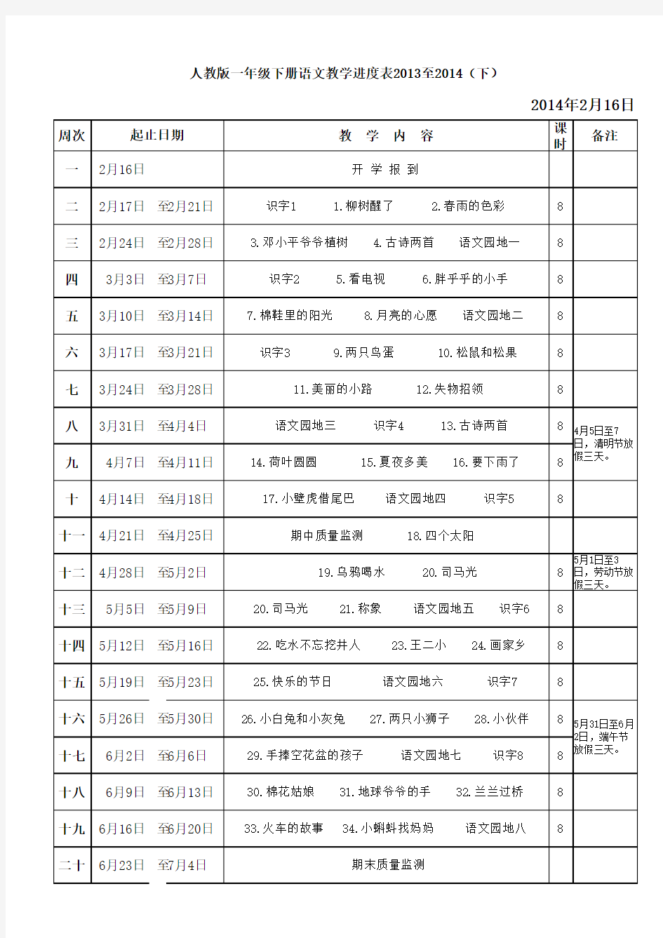 人教版一年级下册语文教学进度表、教学安排