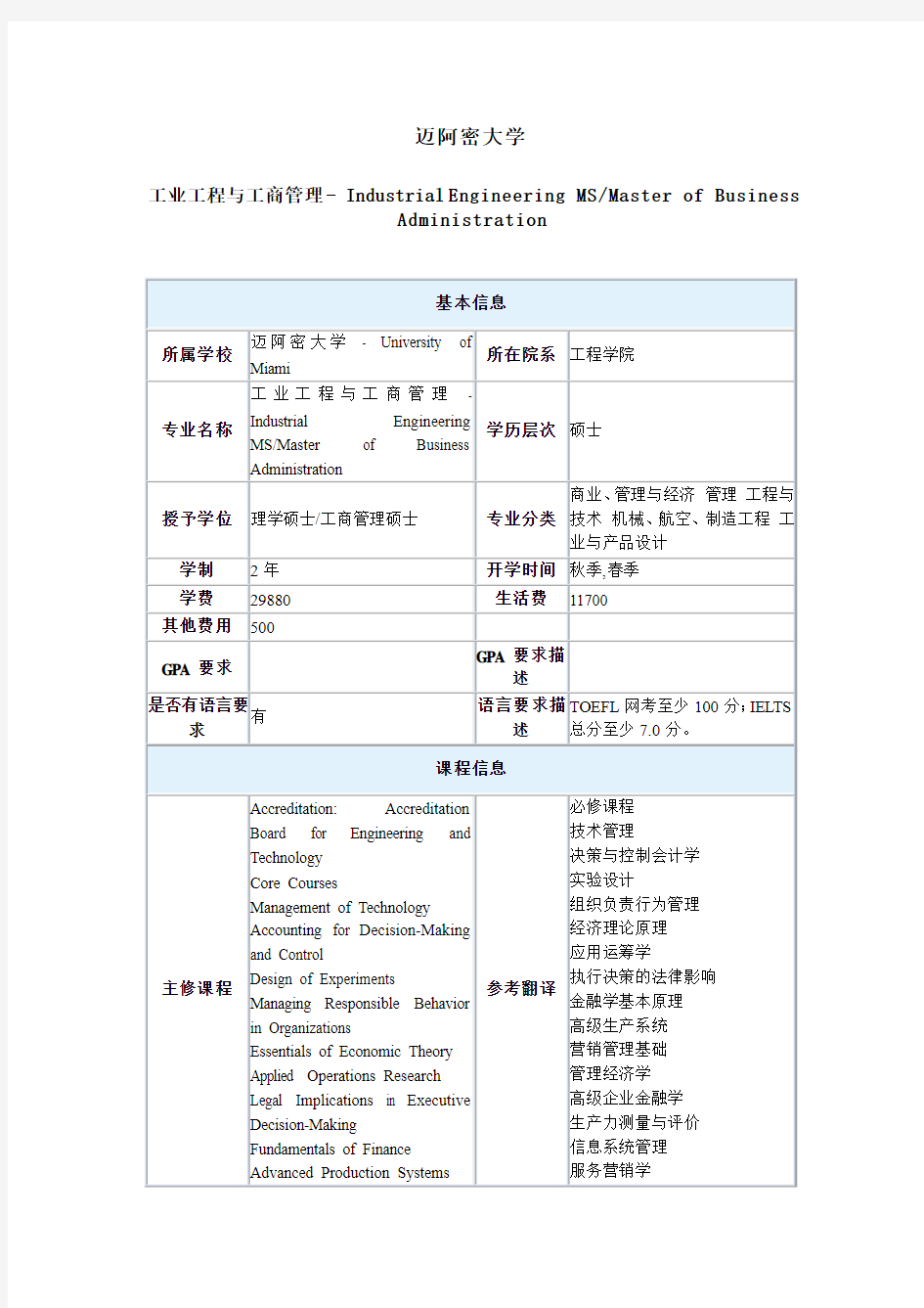 美国迈阿密大学工业工程与工商管理硕士专业申请