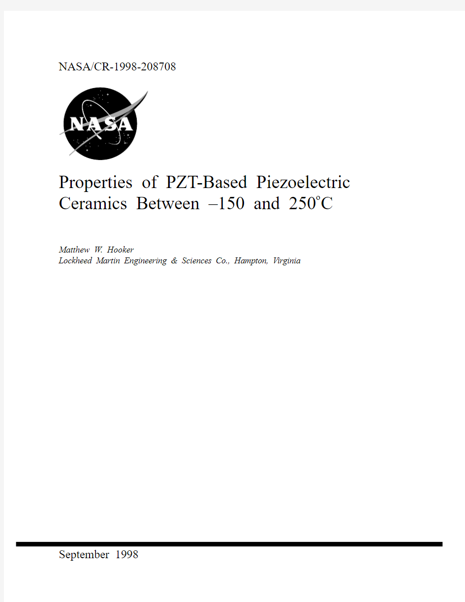 NASACR-1998-208708 Properties of PZT-Based Piezoelectric Ceramics Between –150 and 250 o C
