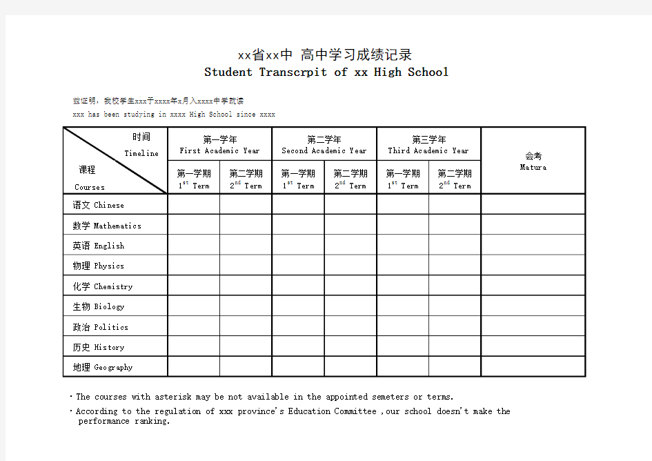 高中、初中出国留学、自招,中英双语成绩单模板