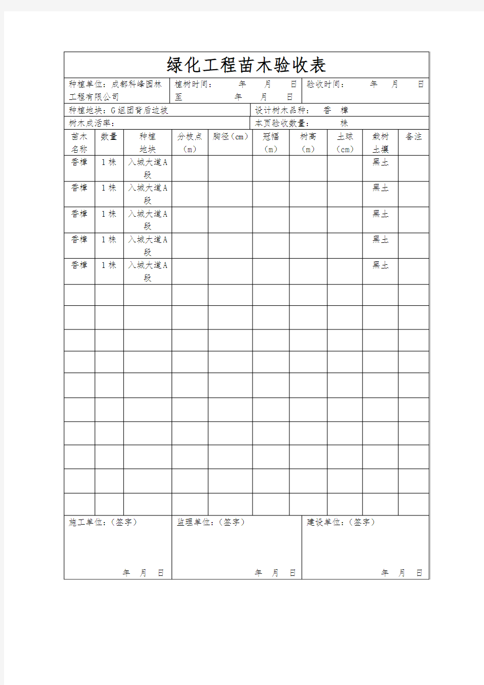 绿化工程苗木验收表(白)