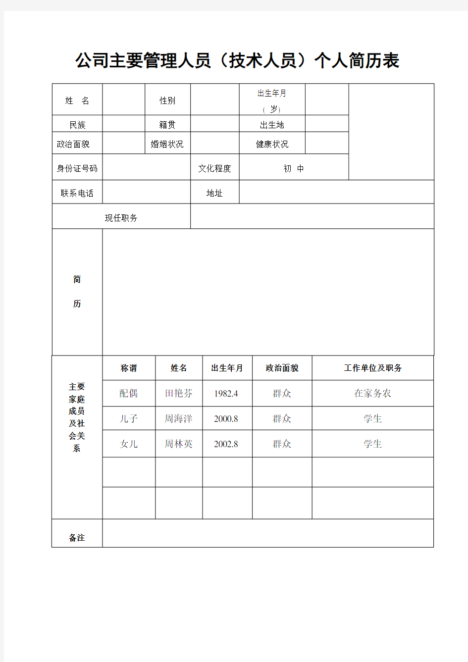 公司主要管理人员个人简历表 模板