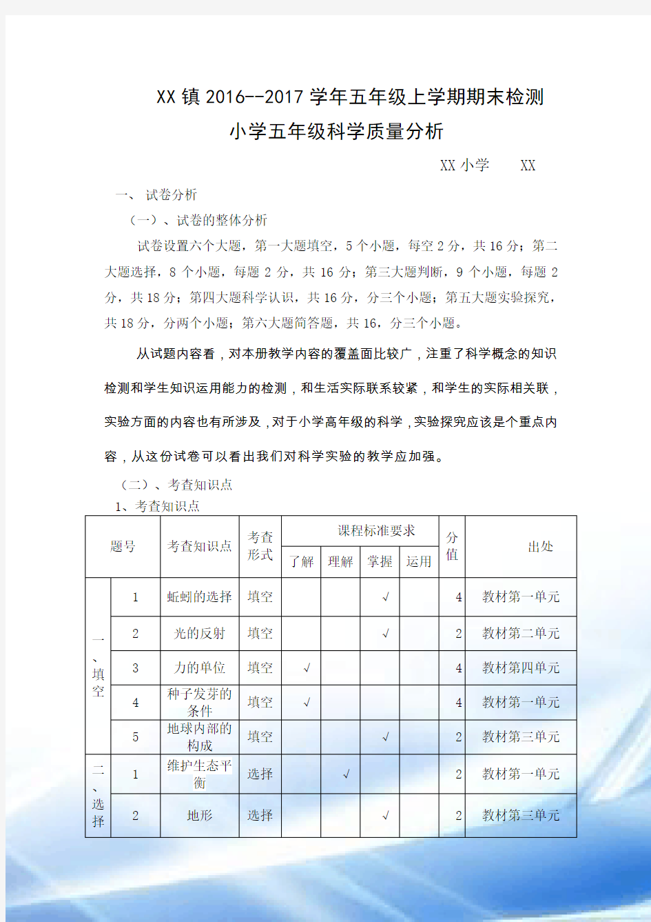 2016-2017学年五年级科学上册质量分析