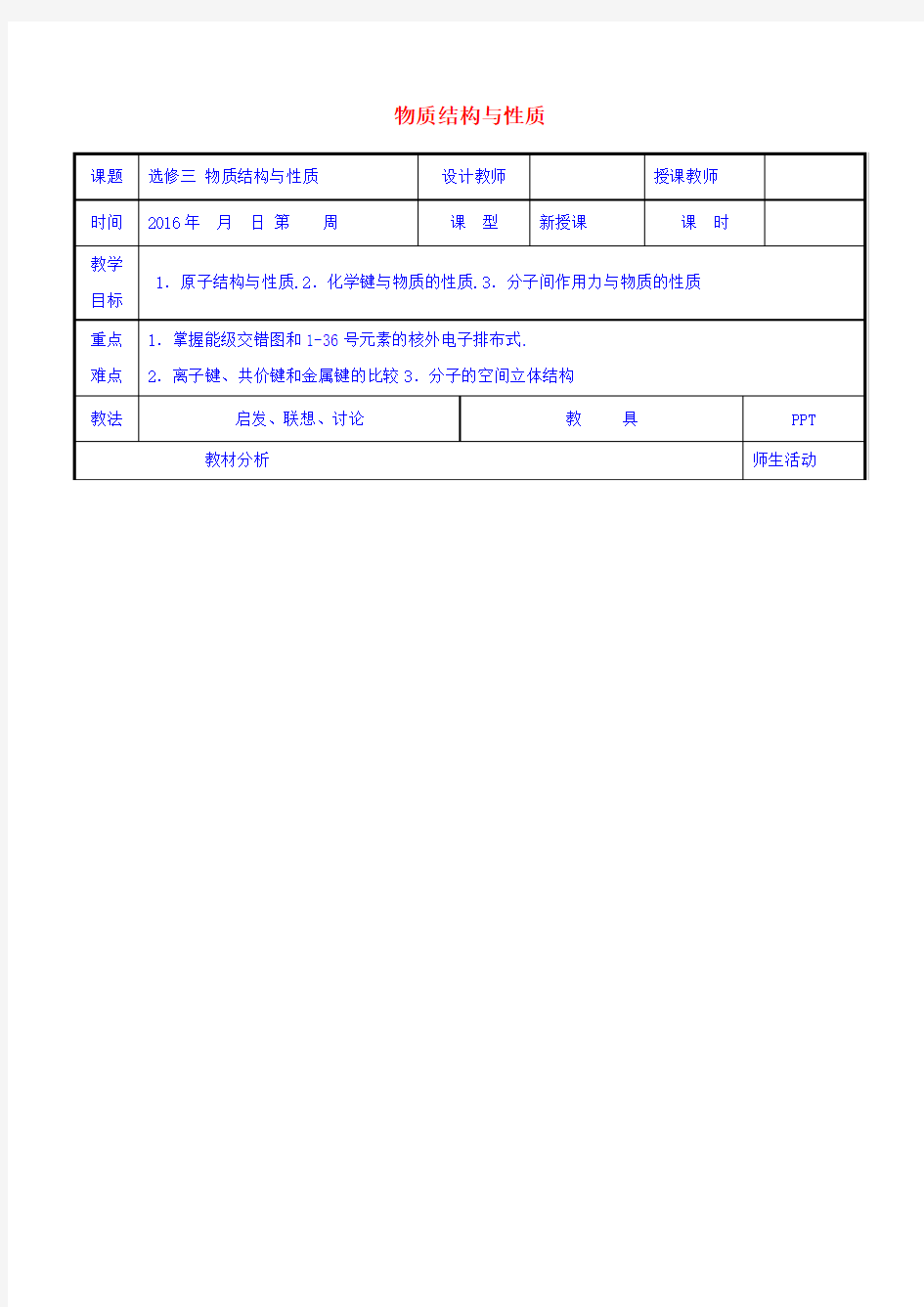 中学化学 物质结构与性质复习教案 新人教版选修3