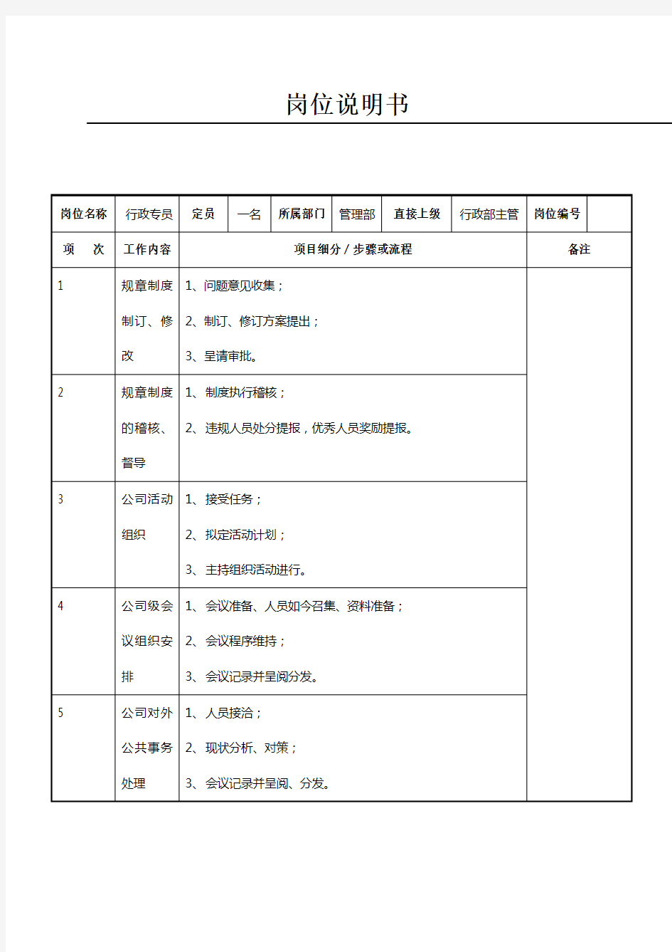 行政专员岗位职务说明