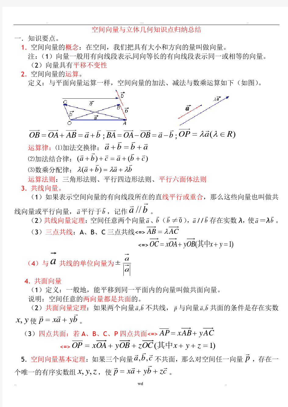 空间向量与立体几何知识点归纳总结