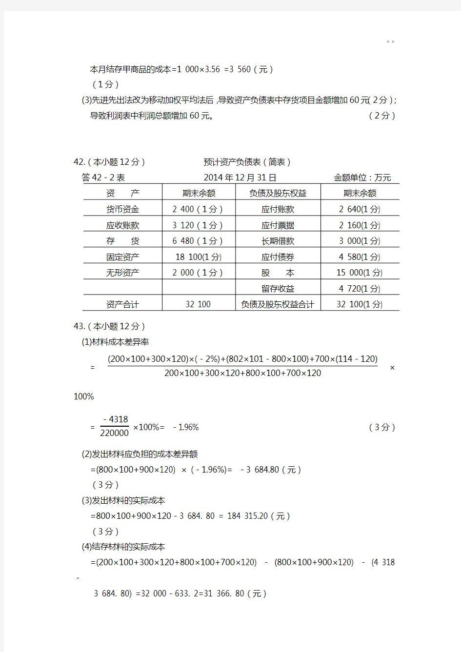 2014年江苏对口单招财会高等考试试卷后解析