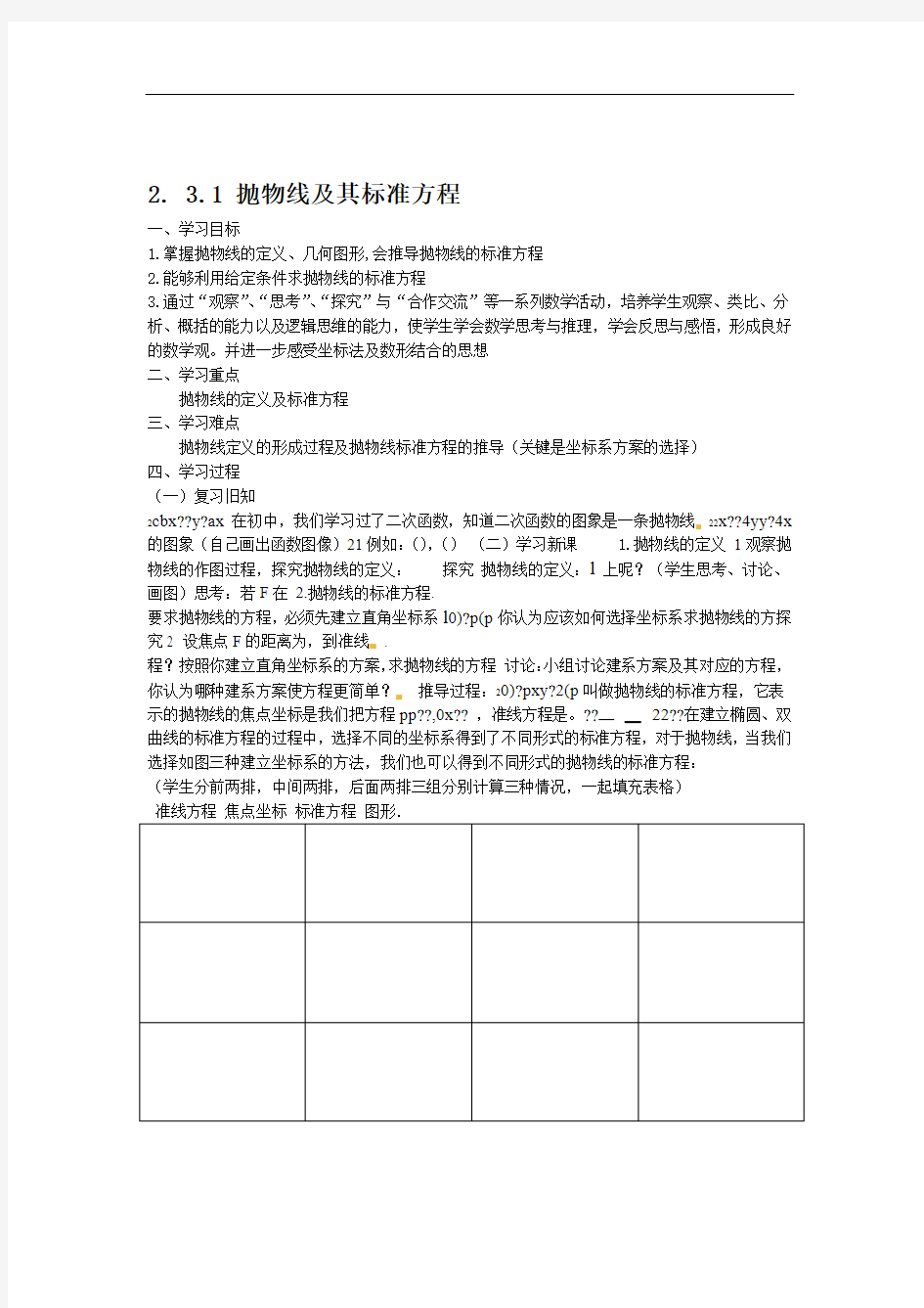 人教版高中数学全套教案导学案231抛物线及其标准方程