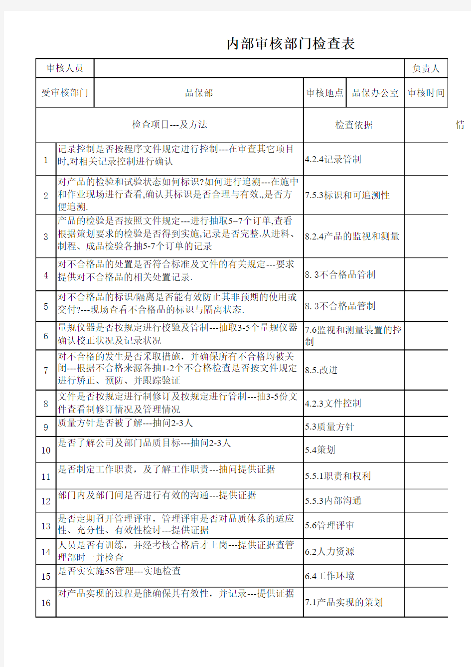 ISO9001各部门内部审核表范本