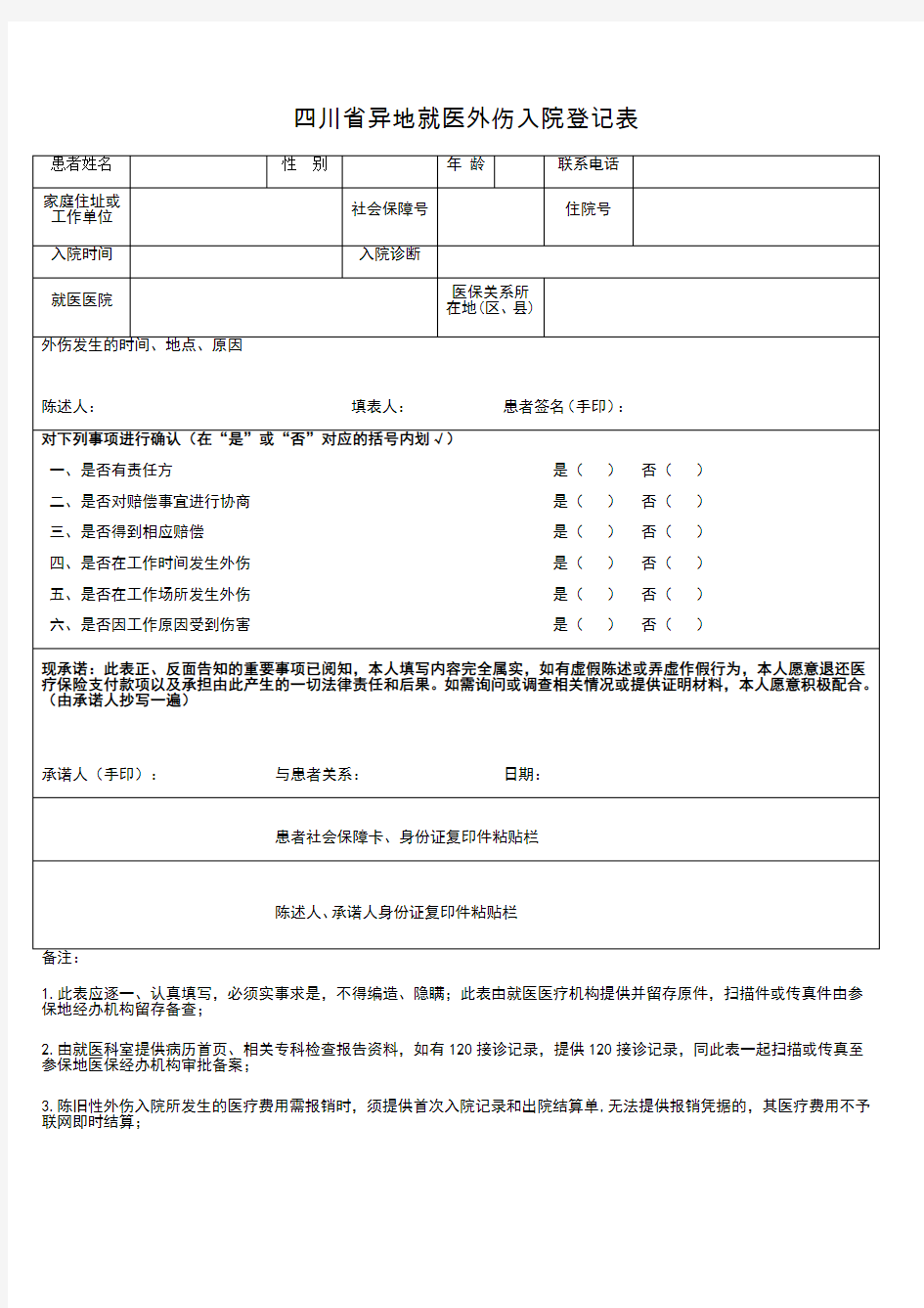 川省异地就医外伤入院登记表