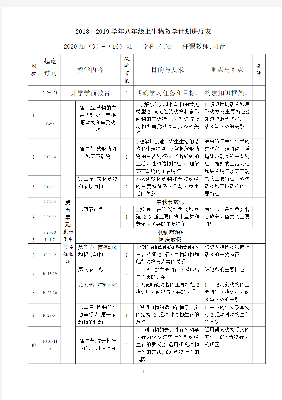 2018-2019学年八年级上生物教学计划进度表