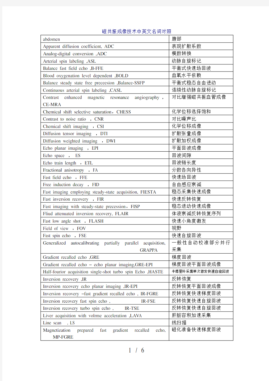 磁共振成像技术中英文名词对照新选