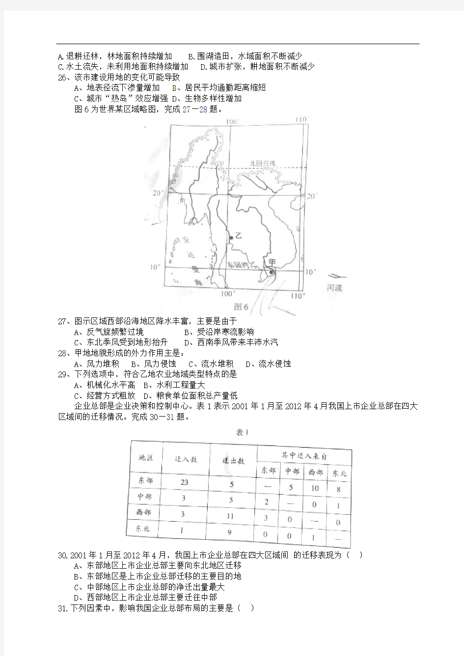 2015年普通高等学校招生全国统一考试文综(地理部分)试题(安徽卷,含解析)