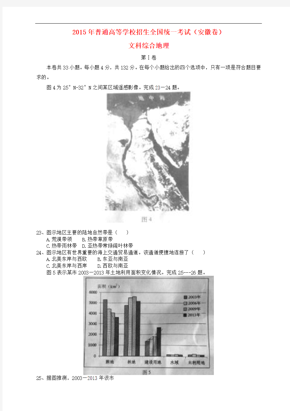 2015年普通高等学校招生全国统一考试文综(地理部分)试题(安徽卷,含解析)