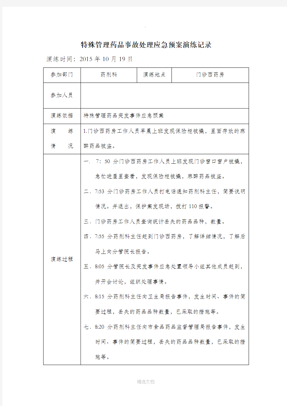 特殊管理药品事故处理应急预案演练记录