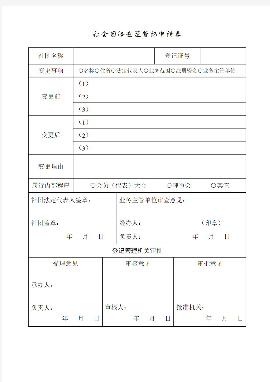 社会团体变更登记申请表