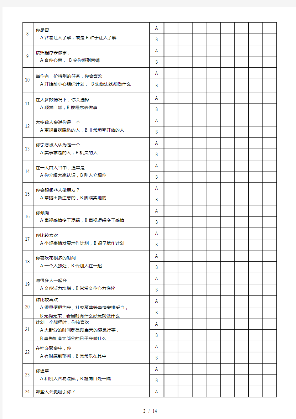 MBTI职业性格测试题目与标准答案