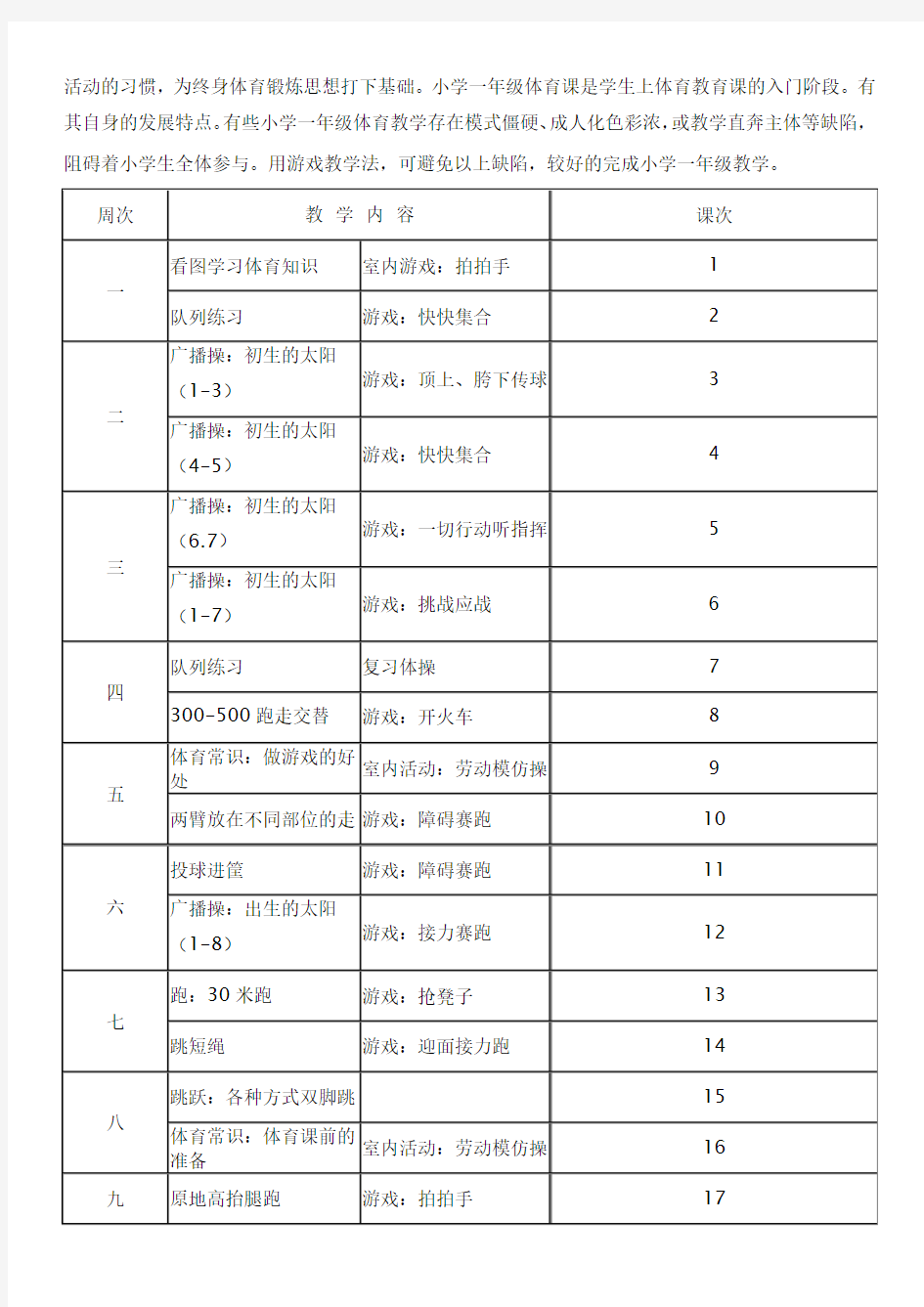 六年级体育教学计划