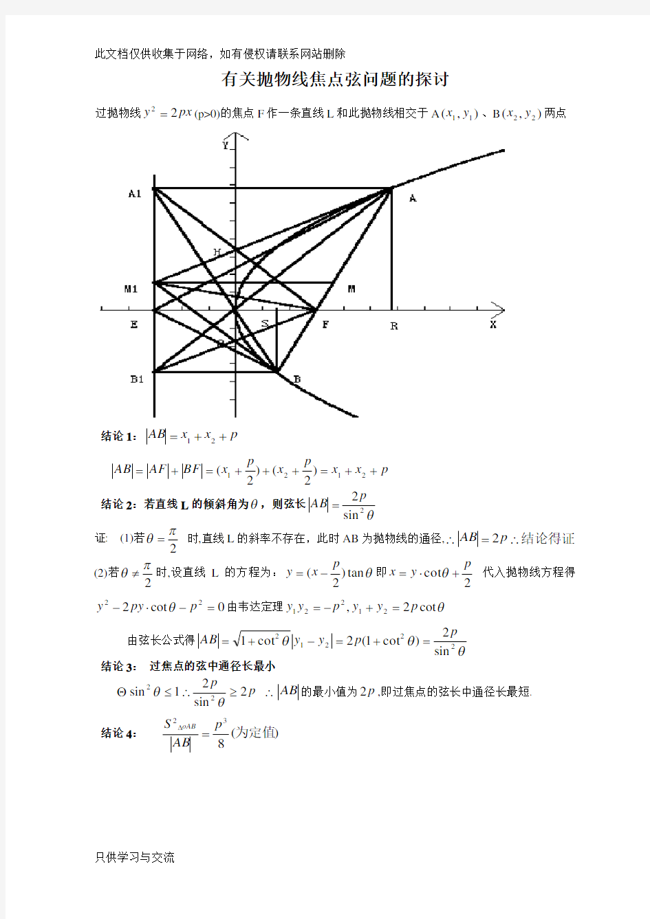 抛物线的焦点弦经典性质及其证明过程知识讲解