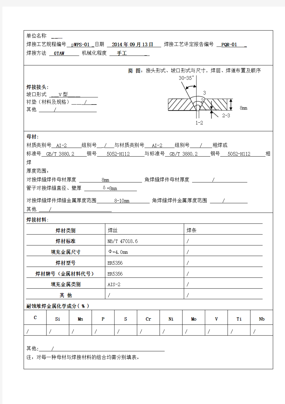 焊接工艺评定pWPS-01