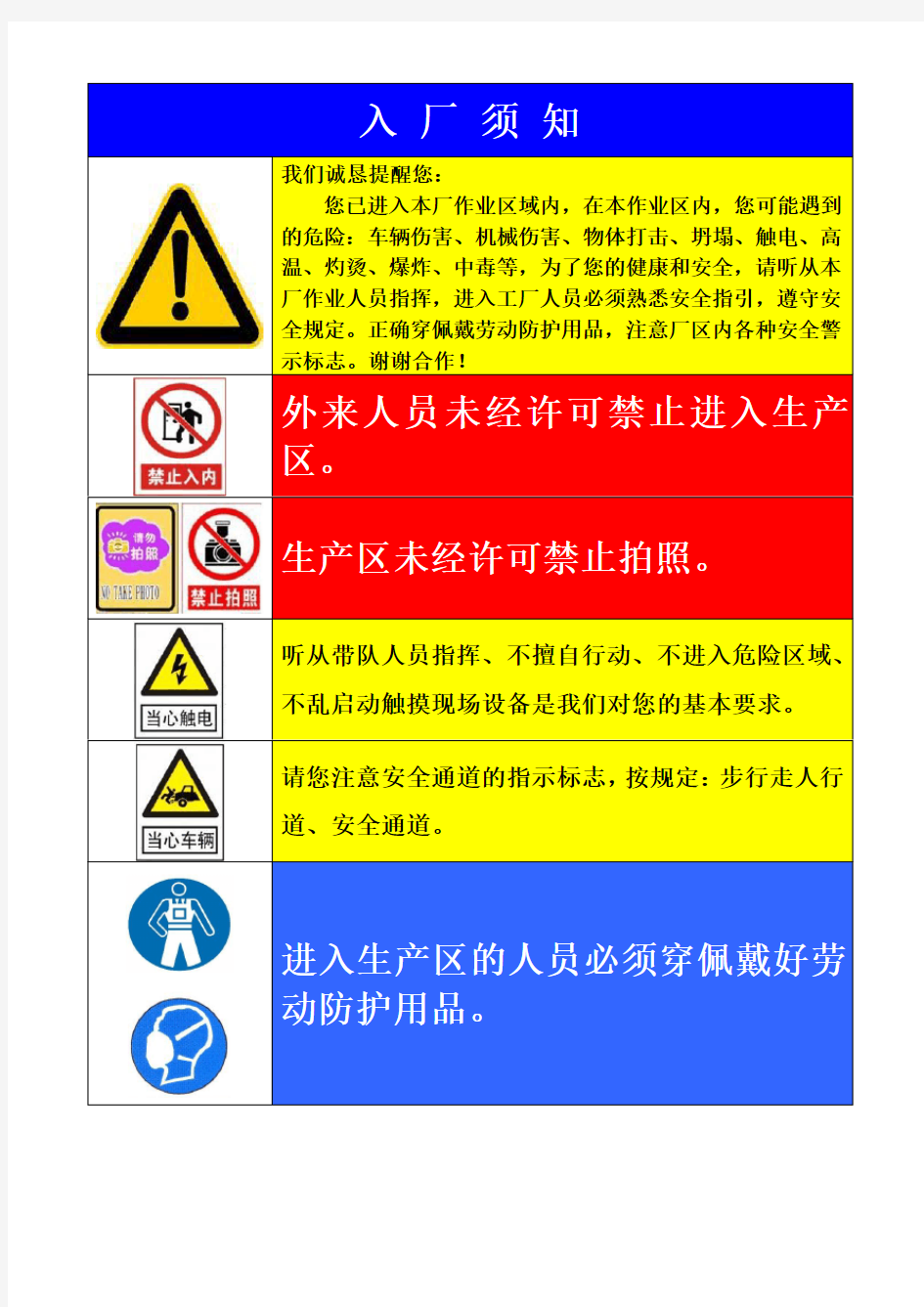 完整word版,入厂安全警示告知牌