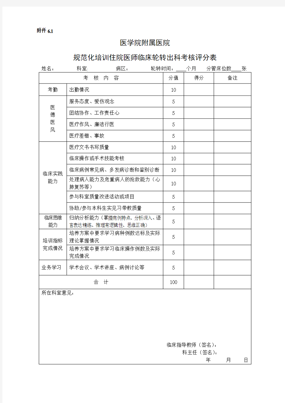 住院医师规培出科考核评估表格