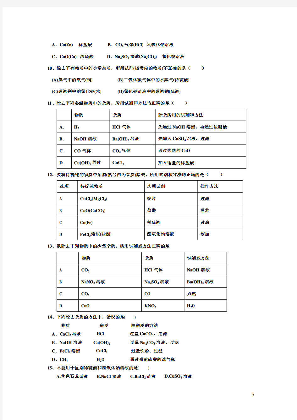 2012中考化学选择题专题练习及答案(word版)