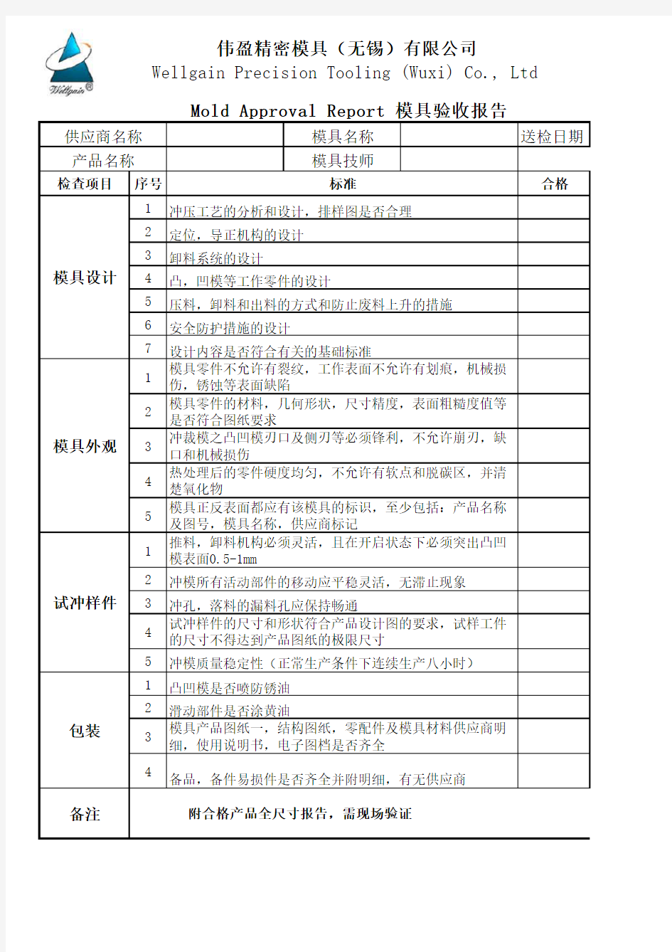 冲压部模具验收报告