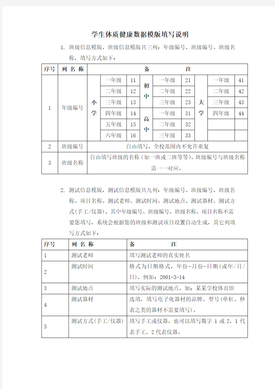 学生体质健康数据模版填写说明