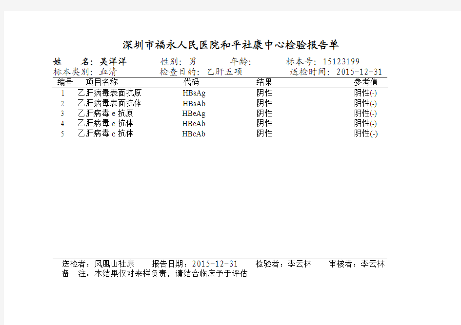 深圳市福永人民医院社康中心检验报告单