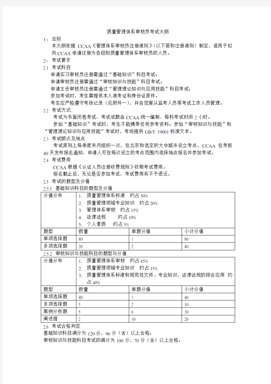 质量管理体系审核员考试大纲