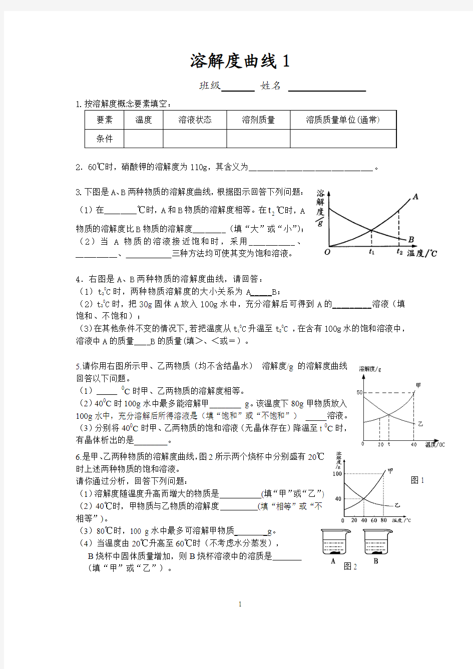 溶解度练习1