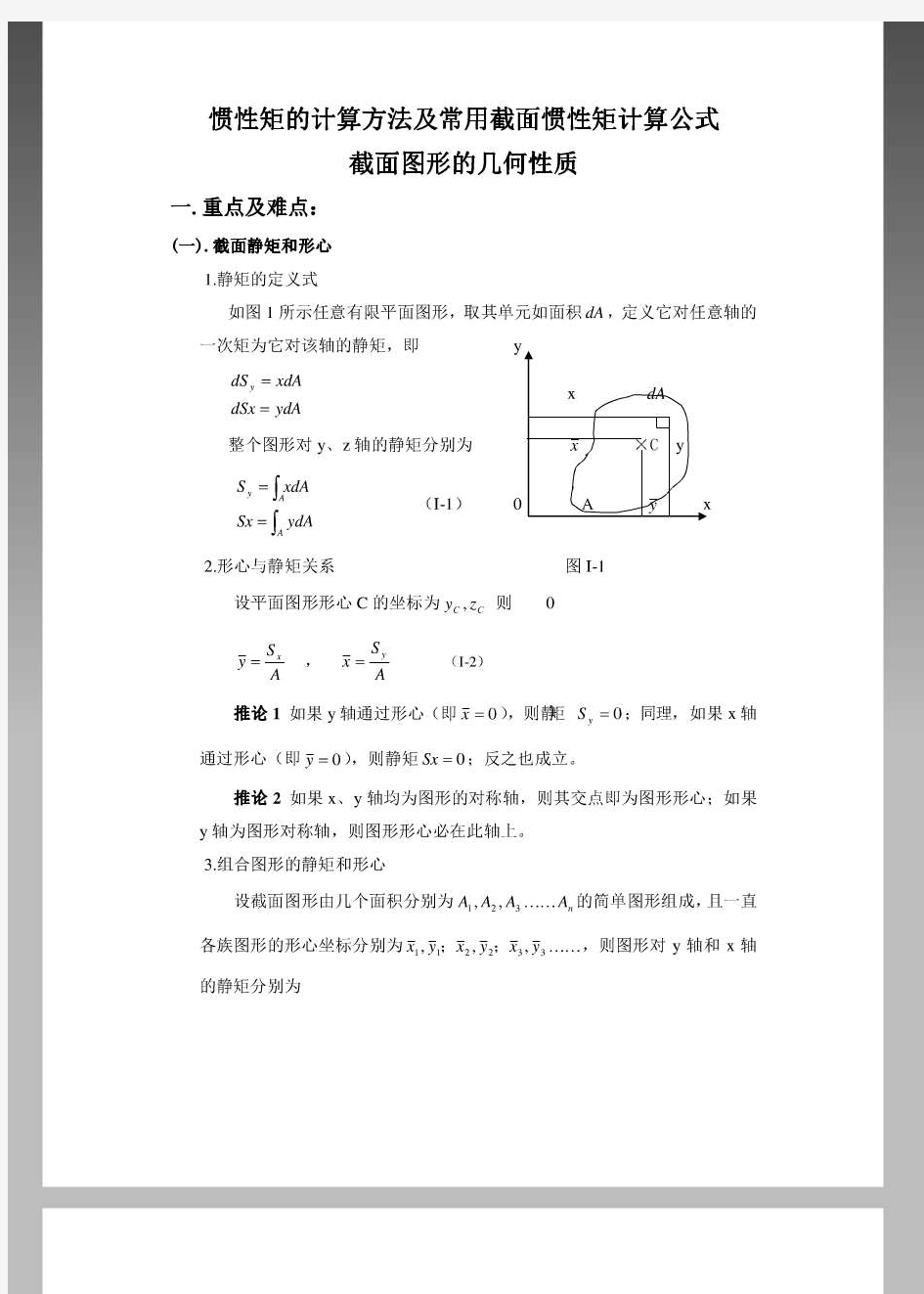 惯性矩的计算方法及常用截面惯性矩计算公式