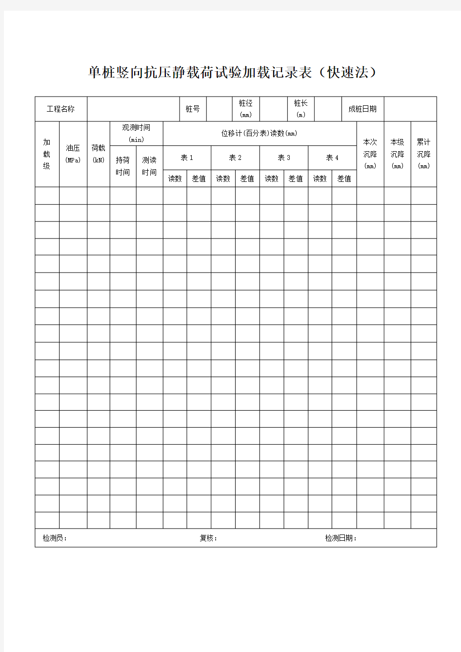 桩基静载实验检测记录表格