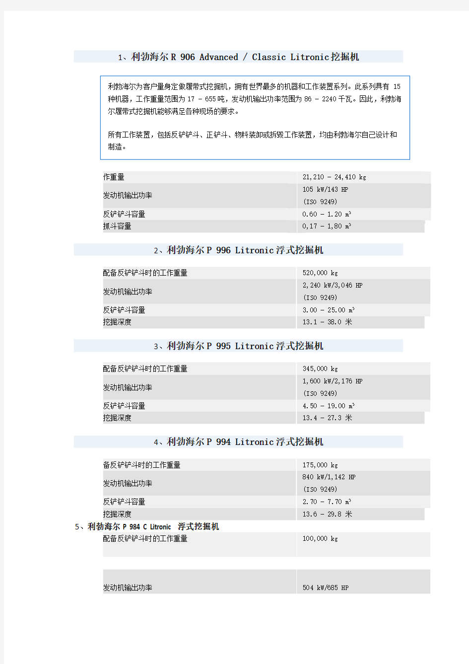 利勃海尔挖掘机参数