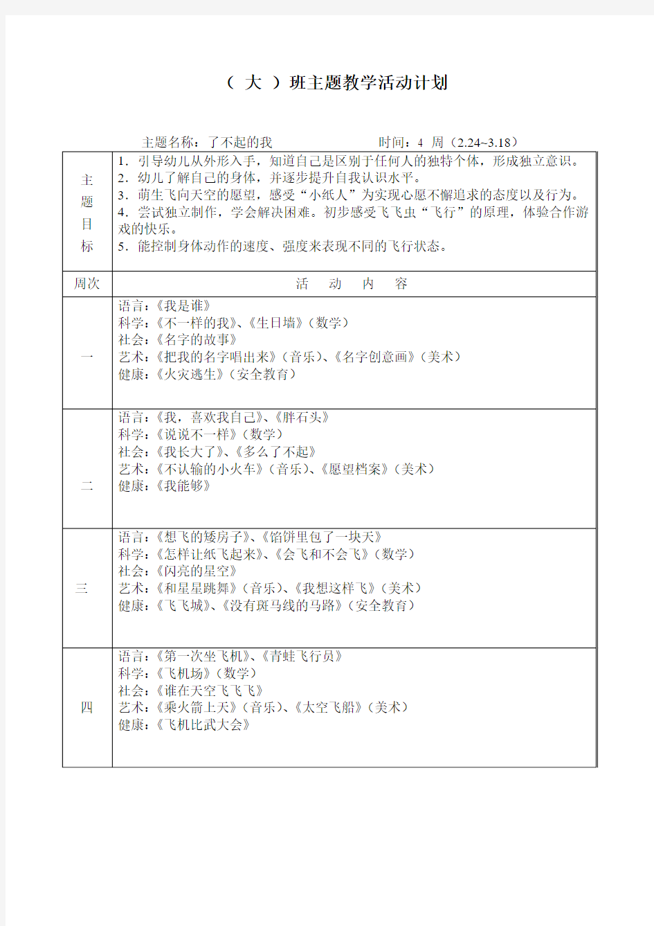 大班第二学期主题计划