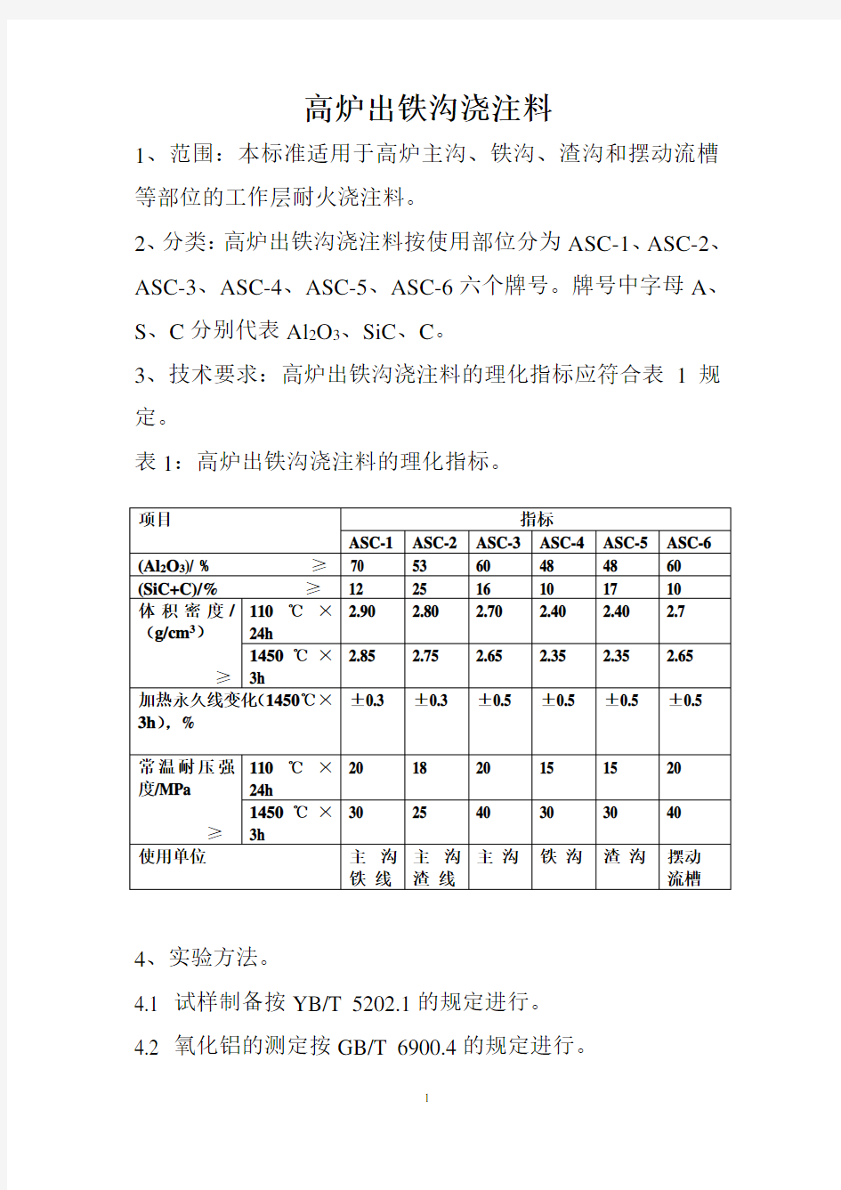 高炉出铁沟浇注料执行YBT4126-2005标准