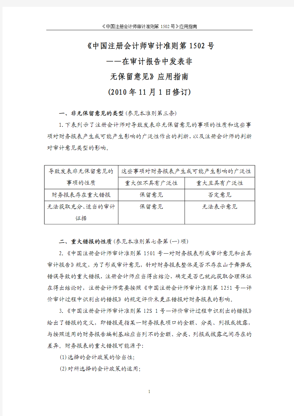 《中国注册会计师审计准则第1502号—在审计报告中发表非无保留意见》指南