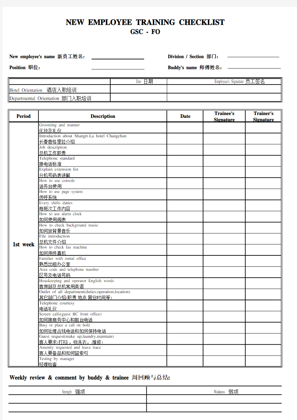 酒店管理会所__香格里拉酒店前厅部各岗位新员工入职培训检查表