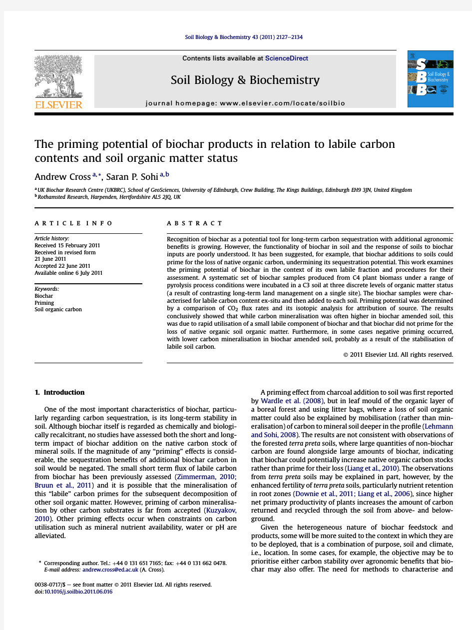 The priming potential of biochar product in relation to labil e carbon contents and soil organic