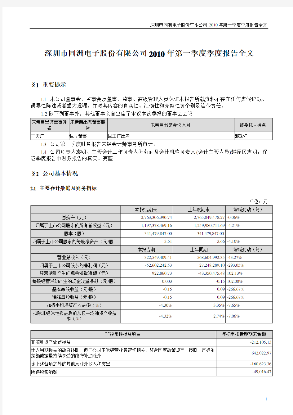 深圳市同洲电子股份有限公司2010年第一季度季度报告全文