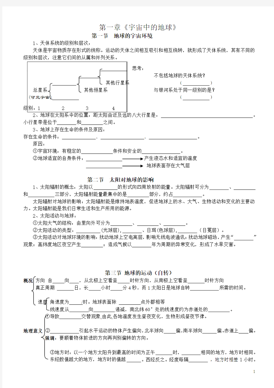 必修一第一章宇宙中的地球复习提纲