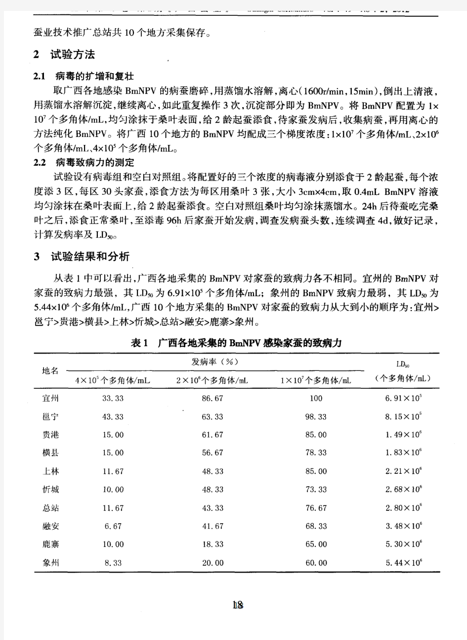 广西不同蚕区家蚕核型多角体病毒对家蚕致病力的研究