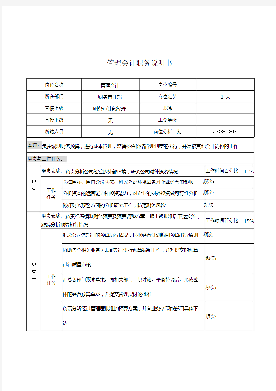 企业管理会计岗位职务描述