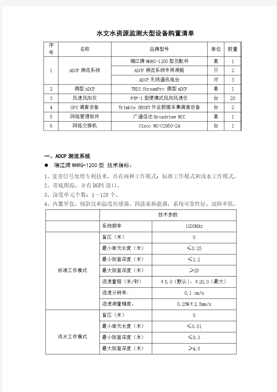 水文水资源监测大型设备购置清单